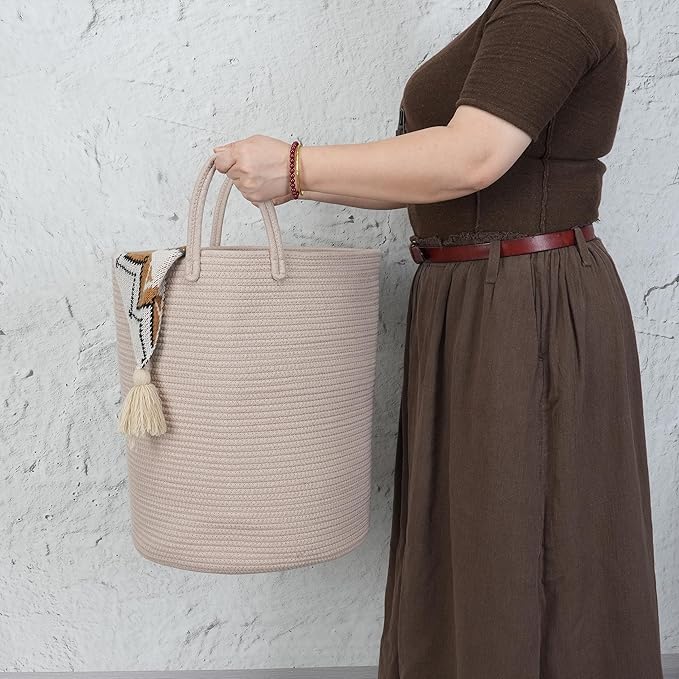 Cotton Rope Laundry Basket Hamper for Clothes Woven Storage Basket for Living Room Bedroom Boho Tall Rope Baskets for Blanket Toys Pillow Towels Baby Nursery Hamper Bin Konjac