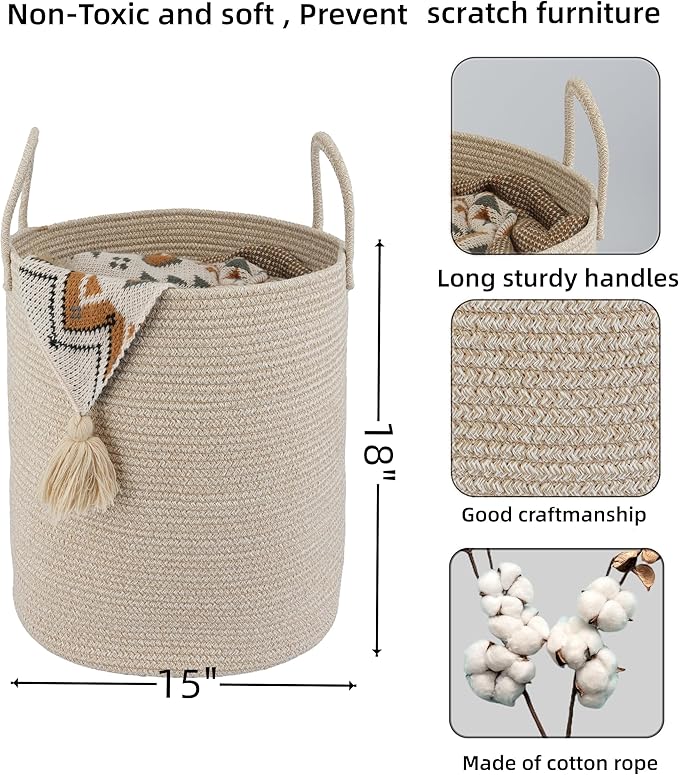 Cotton Rope Laundry Basket Hamper for Clothes Woven Storage Basket for Living Room Bedroom Boho Tall Rope Baskets for Blanket Toys Pillow Towels Baby Nursery Hamper Bin oatmeal