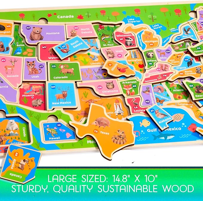 Montessori Mama USA Map Wooden Puzzle, Puzzles for Kids Ages 4-6 Educational Toys for 4 Year Old Kids Puzzles Ages 5-8 Landmarks, Animals, Capitols and States