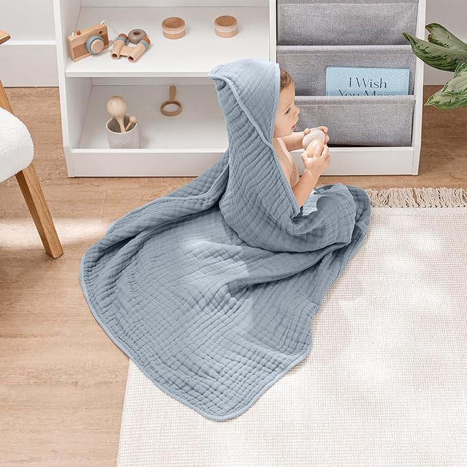 Comfy Cubs Hooded Baby Towel 2-Pack, Large 32 x 32 Inch - 6 Layer 100% Muslin Cotton for Babies, Toddlers and Kids - Soft & Absorbent Baby Bath Towels - Unisex Design for Bath Time - Pacific Blue