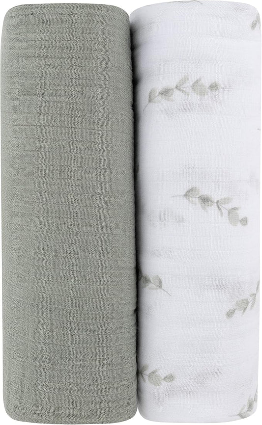 Ely's & Co. Muslin Swaddle Blanket 2-Pack — 100% Cotton Muslin Extra-Large Swaddle Blankets (47” x 47”) Watercolor Eucalyptus Print & Solid Sage