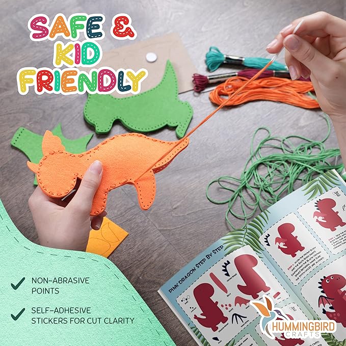Hummingbird Crafts Sewing Kit for Kids Ages 8-12, Dragons DIY Craft Kits, Christmas Gift, Fun and Educational Sewing Kits for Kids, Sew Your Own Felt Animals