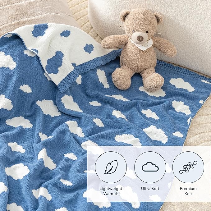 Berkshire Baby Blanket,Ultra-Plush Reversible Chenille Knit Toddler Blanket,Cute Pattern Nursery Crib Blanket,Ideal Baby Gift(30x40 Inches,Bouncy Clouds Harbor Blue)