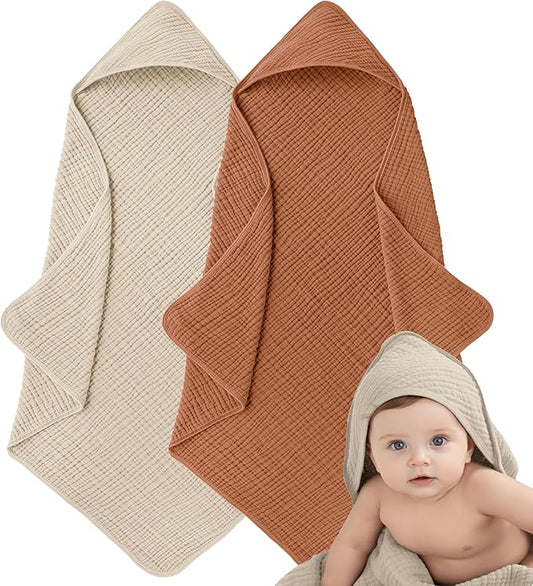 Muslin Hooded Baby Towels for Newborns, 32"x32", 100% Cotton – 6 Layers Super Soft Absorbent Breathable, Baby Bath Towel, Toddler Bath Towel – Pack of 2