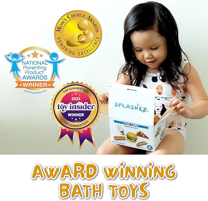 SplashEZ Food Bath Toys | Mold Free Bath Toys for Kids & Toddlers with No Hole for Water | Ideal Size for Little Hands | Safe, Durable for Baby Tub Ages 0 & Up | Ice Cream Taco Hamburger Hot Dog Pizza
