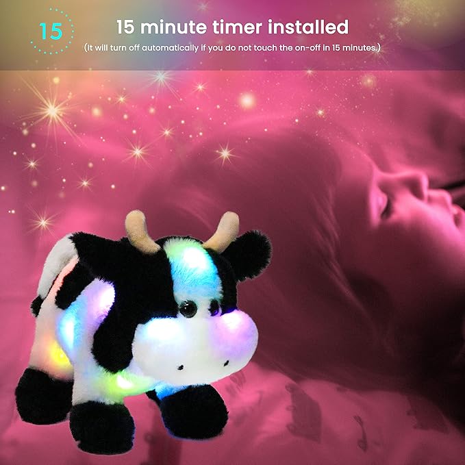 Hopearl LED Plush Cow Lighting Up Stuffed Animal Diary Cattle Floppy Night Lights Glow in The Dark Birthday Festival for Kids Toddler Girls, 12''