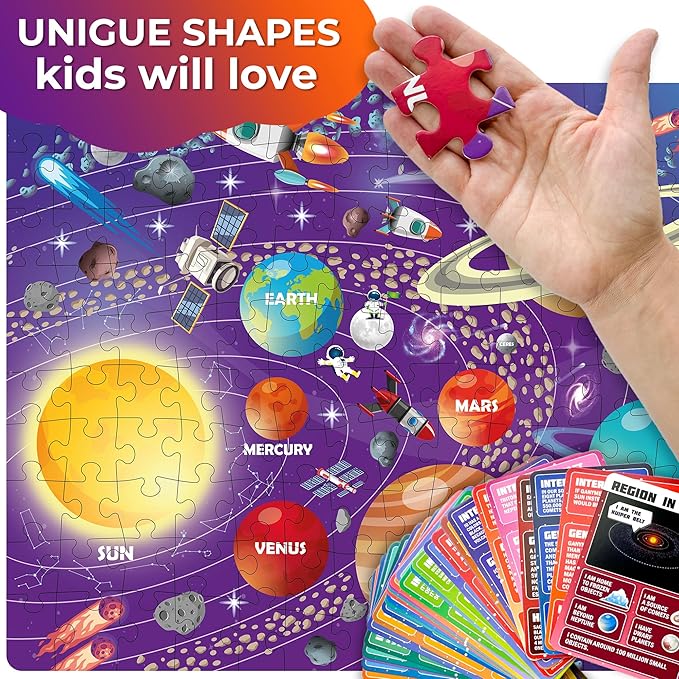QUOKKA Puzzles for Kids Ages 8-10 - 150 Pcs Jigsaw Puzzles for 6-8 Year Olds - 400+ Facts on 50 Double-Sided Flashcards - Learn Space Education Activity Gift - Shaped Puzzle for Toddlers 4-6