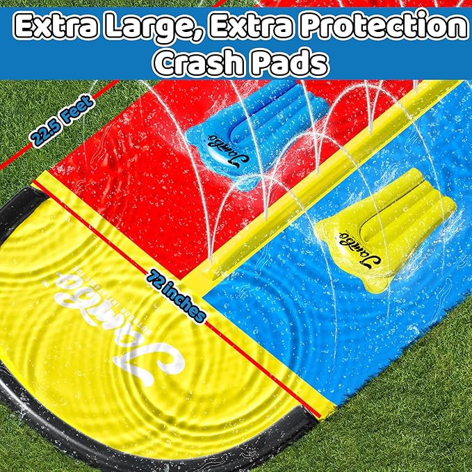 JAMBO 22.5ft Double Lane Slip Splash and Slide with 2 Bodyboards with Built in Sprinkler for Backyard Outdoor Water Fun for Kids