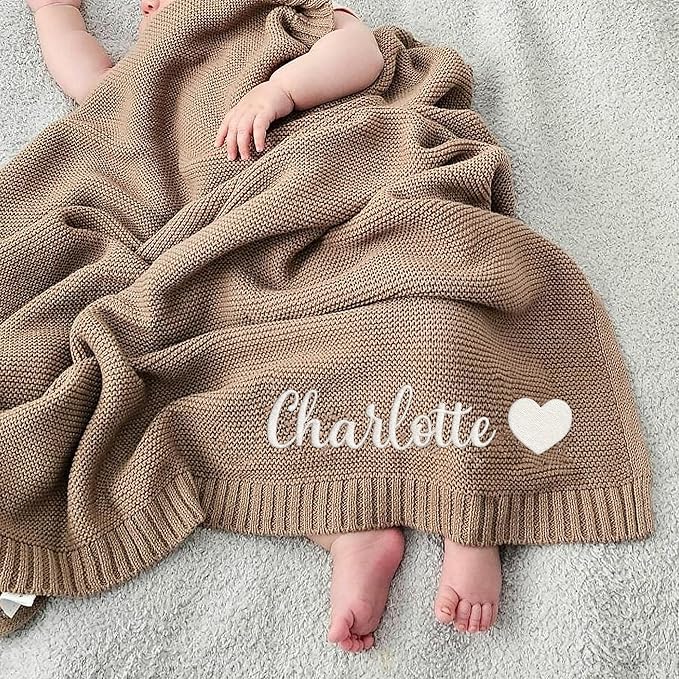 Luxury Personalized Name Knitted Baby Blanket - Embroidered, Soft Breathable Cotton Knit for Newborns - Valentine's Gift for New Moms Baby Boy Girl Birthday Christmas