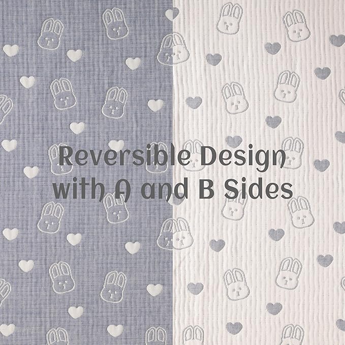 NTBAY 3 Layer Oversized Muslin Cotton Toddler Blanket, Jacquard Reversible Nursery Bed Blanket, Super Soft and Thermal for All Seasons, Baby Gift, 45"x60", Blue Rabbit