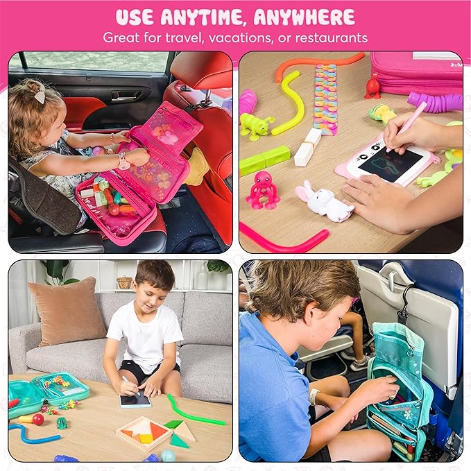 Travel Essentials for Kids – All-in-One Hanging Bag with Kid Toys, Road Trip Activities for Kids, Sensory Toys & Travel Games for Airplane Trips, Car Rides, Gifts for Boys & Girls 4+ Years (Seafoam)