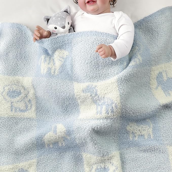 CREVENT 30"X40" Cozy Soft Warm Knitted Baby Blanket for Girls Boys, Newborn Essentials for Infant, Baby Shower Receiving Gift - Animal Blue 75X100cm