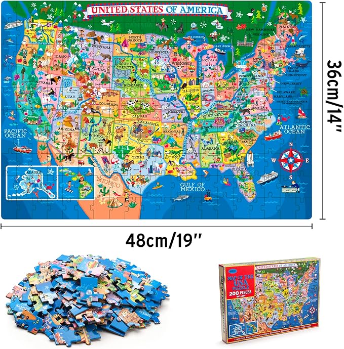 USA Map Puzzle for Kids - 200 Piece United States Puzzle - 50 States with Capitals for Kids Ages 4 and Up, America Jigsaw Puzzle Children’s Geography Puzzles Preschool Toys