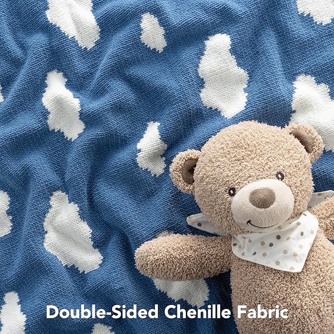 Berkshire Baby Blanket,Ultra-Plush Reversible Chenille Knit Toddler Blanket,Cute Pattern Nursery Crib Blanket,Ideal Baby Gift(30x40 Inches,Bouncy Clouds Harbor Blue)