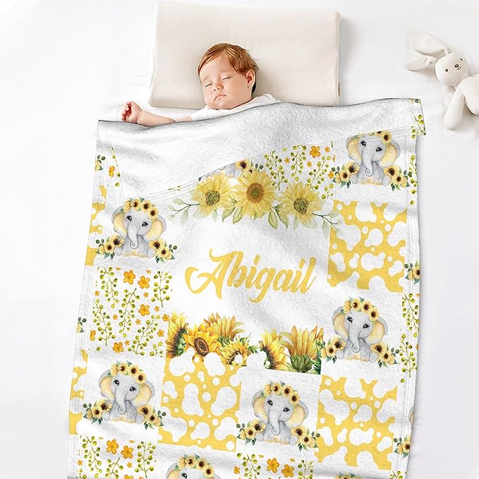 Personalized Elephant Baby Blanket with Name - Custom Swaddle Blanket for Toddlers, Infants, Kids, Newborns - Nursery Stroller Crib Decor Throw - Birthday Gift