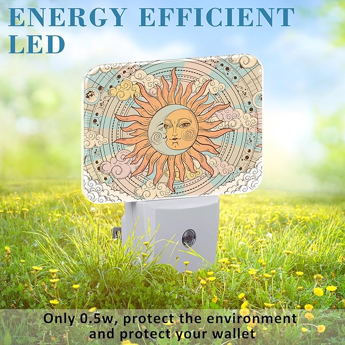 Vintage Mystical Astrology Night Light, Sun and Moon Nightlight Plug into Wall with Dusk to Dawn Sensor for Kid Girls Boys Women Men Bedroom, Hallway, Kitchen, Bathroom, Stairs Decor