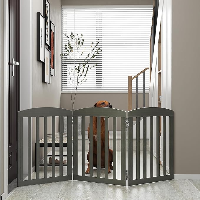 SPIRICH Wooden Freestanding Foldable Dog Gate, Extra Wide Step Over Puppy Gate, 3 Panels, Grey