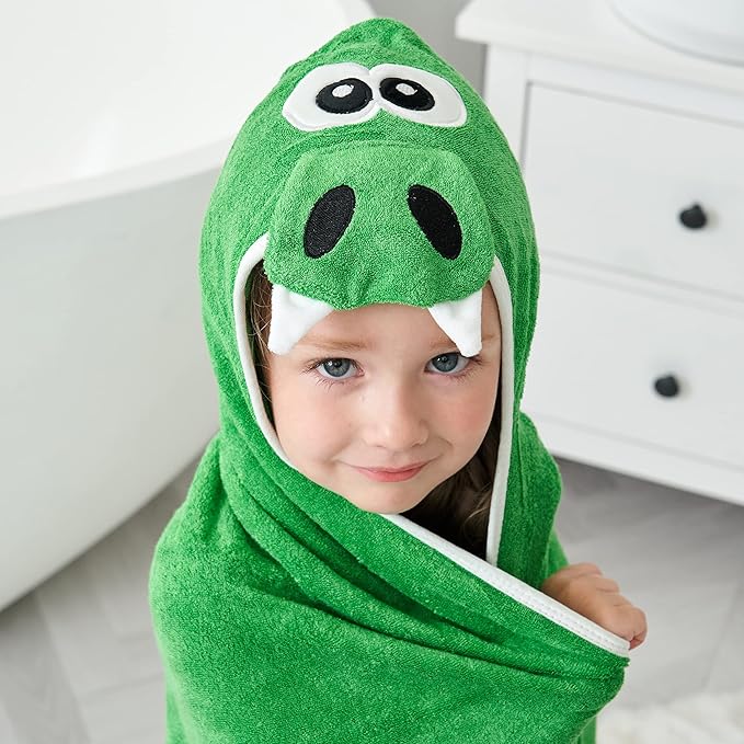 HIPHOP PANDA Hooded Towel - Rayon Made from Bamboo, Bath Towel with Bear Ears for Newborn, Babie, Toddler, Infant - Absorbent Large Baby Towel - Dinosaur, 37.5 x 37.5 Inch