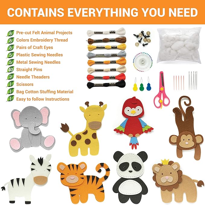 Craftorama Sewing Kit for Kids, Fun and Educational Wild Animal Craft Set for Boys and Girls Age 7-12, Sew Your Own Felt Animals Craft Kit for Beginners, 165 Piece Set