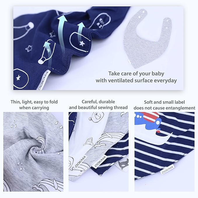 DOKMA Set 8 Organic Cotton Baby Drool Bibs - Bandana Teething Bibs for Baby - Bandana Drool Bibs - Ultra Soft, No Scratch