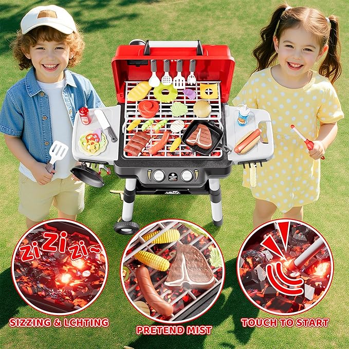 Kids Play Kitchen Toys, Kids BBQ Grill Playset，2-Tier Barbecue Toy with Wheels, Smoke Sound Light, Outdoor Play Food Toys Cooking Set, Birthday Gift for Toddlers 3-5