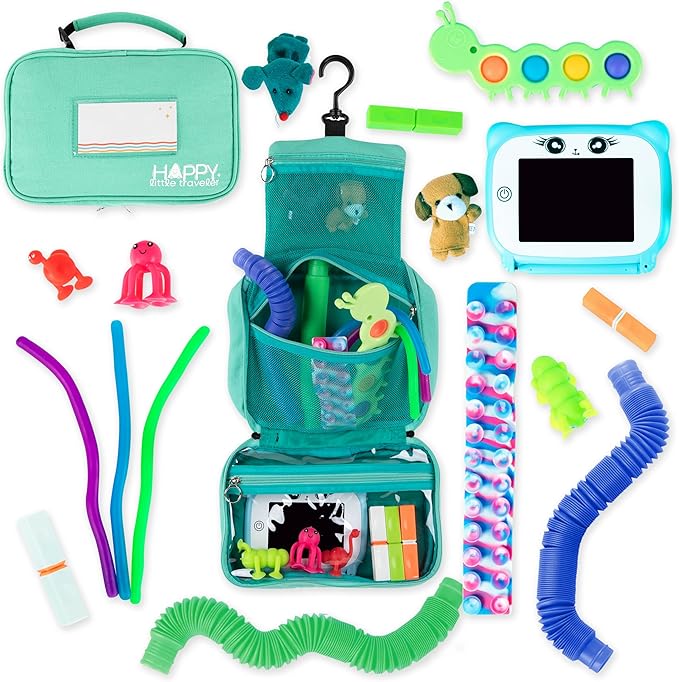 Travel Essentials for Kids – All-in-One Hanging Bag with Toddler Toys, Road Trip Activities for Kids, Sensory Toys & Travel Games for Airplane Trips, Car Rides - Boys & Girls 3+ Years, Toddler Seafoam