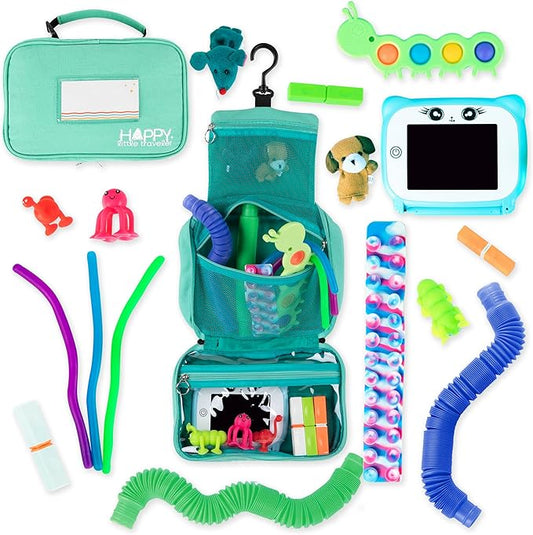 Travel Essentials for Kids – All-in-One Hanging Bag with Toddler Toys, Road Trip Activities for Kids, Sensory Toys & Travel Games for Airplane Trips, Car Rides - Boys & Girls 3+ Years, Toddler Seafoam