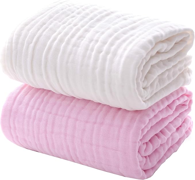 MUKIN Baby Bath Towels, Super Soft Cotton Receiving Blanket for Baby's Delicate Skin,2Pack Swaddle Blanket for Newborns Toddlers Boy Girl,Baby Registry as Shower (White+Pink)