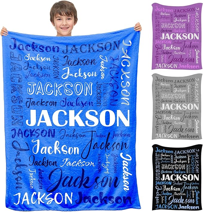 Custom Blanket with Name for Kids Boys Girls, Personalized Name Throw Blanket Sapphire Blue, Cozy and Fluffy Crib Blankets for Birthday Christmas, Customized Toddler Receiving Blankets for New Moms