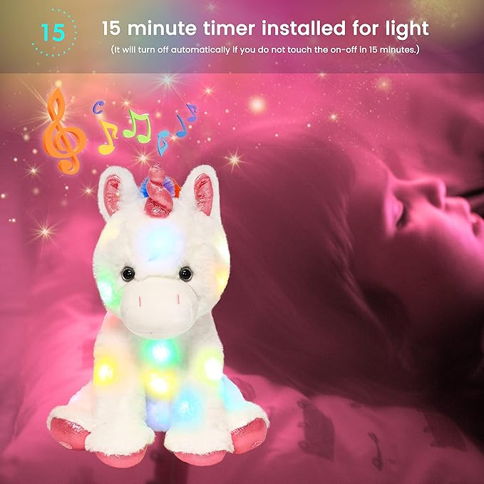 Hopearl LED Musical Stuffed Unicorn Light up Singing Plush Toy Adjustable Volume Lullaby Animated Soothe Birthday Festival for Kids Toddler Girls, White, 13''