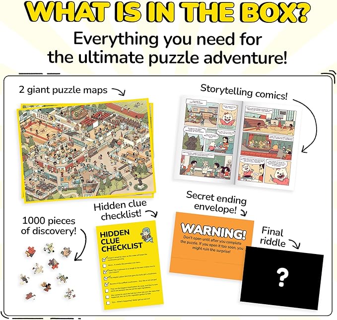 Odd Pieces Jigsaw Puzzles 1000 Pieces with Storytelling Comics, Secret Ending, Puzzle for Mystery Adults & Kids - 19.7'' x 27.6'' Frameable Magic Puzzle Art (Snack Attack)