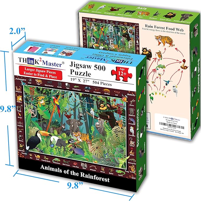 Think2Master Colorful Rainforest Jungle Zoo Animals 500 pieces Large Format Jigsaw Puzzle for kids 12+, teens, adults & families. Great gift for stimulating learning about animals. Size: 26.8” X 18.9”