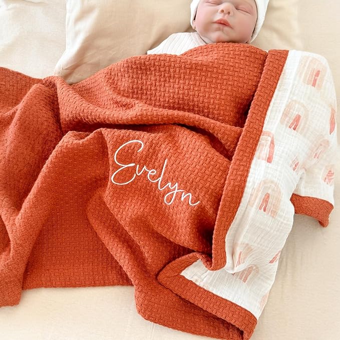 Personalized Baby Blanket with Name – Handmade 100% Organic Cotton Newborn Gift | Custom Knit Blanket for Boys, Girls, Kids & Baby Showers