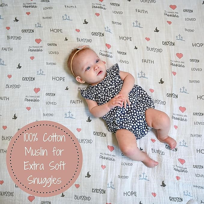 LollyBanks Baby Blanket for Girls, Large 47 x 47 Inches Soft Muslin Swaddle Blankets, 100% Cotton Breathable and Lightweight Baby Receiving Blankets, Baby Essentials, Registry (Inspirational Print)