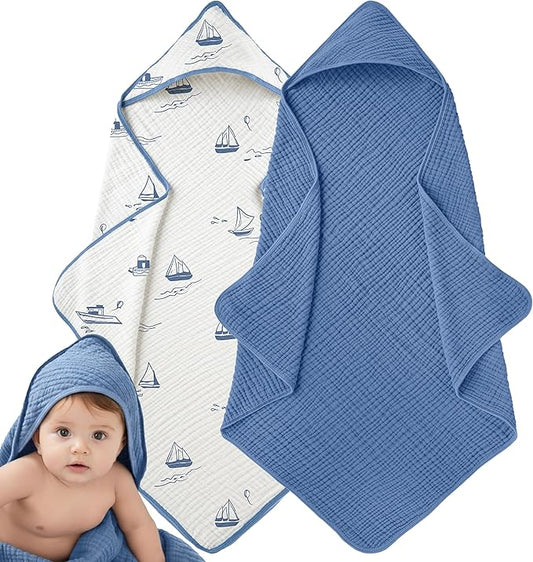 Muslin Hooded Baby Towels for Newborns, 32"x32", 100% Cotton – 6 Layers Super Soft Absorbent Breathable, Baby Bath Towel, Toddler Bath Towel – Pack of 2