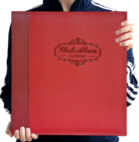 Photo Album Holds 3X5, 4X6, 5X7, 6X8, 8X10 Photos, Leather Cover, Magnetic Self-Stick Page, Hand Made DIY Albums (Red, Large)