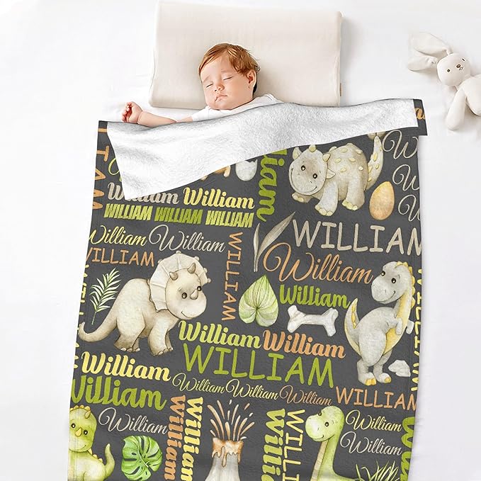 Personalized Baby Blanket for Girls Boys Dinosaur Custom Baby Blanket with Name Swaddle Blanket for Toddlers Infants Kids Shower Newborns Nursery Stroller Crib Decor Throw Birthday Gift
