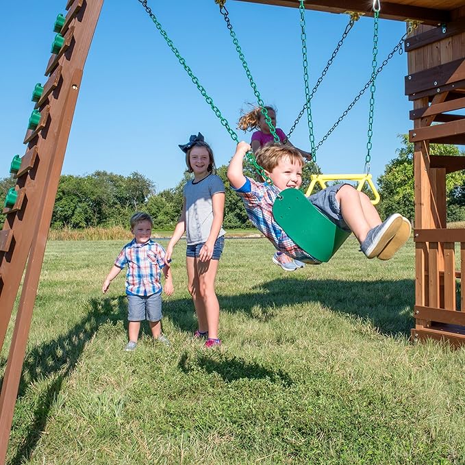 Backyard Discovery Woodridge Elite Cedar Wood Swing Set with Wave Slide, Clubhouse, Crawl Tunnel, Crow's Nest, Belt Swings, Trapeze, Rock Wall Ladder, Sandbox, Wrap-Around Porch, Deck, Outdoor Playset