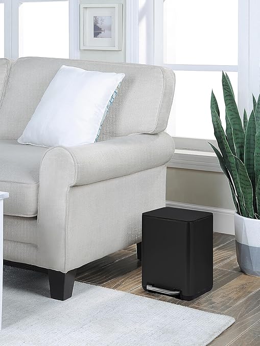 SunnyPoint 6 Liter(1.58 Gallon) Small Trash Can with Plastic Inner Buckets; Rectangle Bathroom, Office, Kitchen, and Bedroom Step On and Slow Close (BLK)