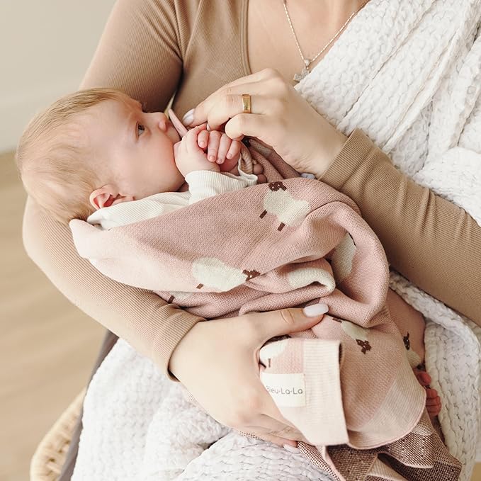Luxury Knit Baby Receiving Blanket - 100% Cotton Soft Cozy Lightweight Receiving Swaddler Blanket for Shower Gift Registry for Newborns Infants Toddlers (Sheep - Light Pink)