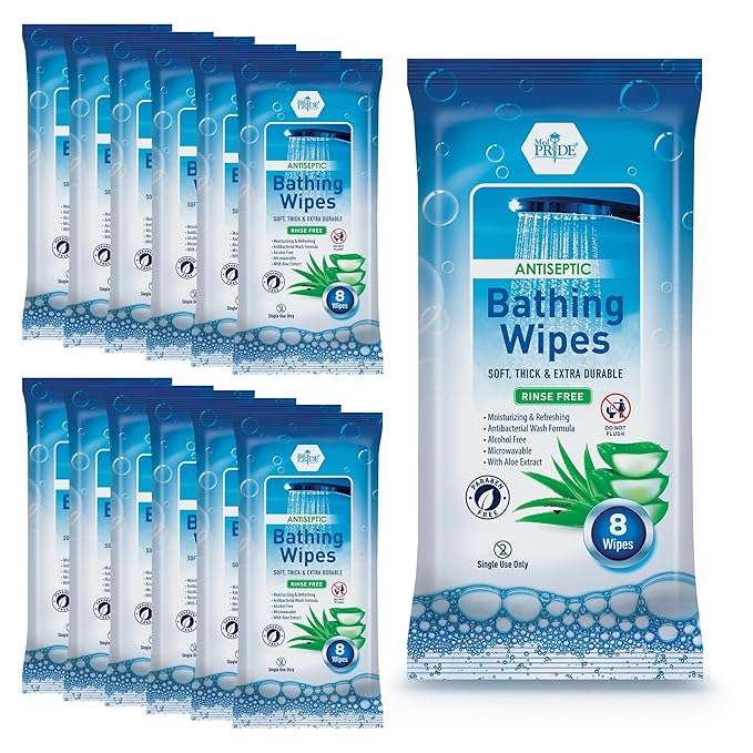 MED PRIDE Hospital Wipes for Bathing, Waterless No-Rinse Bath Wipes for Adults, Microwavable Soft Thick, 12 Packs (96 Count), Aloe Vera