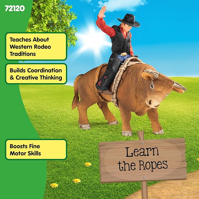 Schleich Farm World Cowboy Bull Riding 4-Piece Cowboy Toy Set for Rodeo Fans & Kids Ages 3+