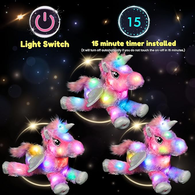 Hopearl Colorful LED Plush Unicorn Light up Stuffed Animal Floppy Night Lights Glow in The Dark Birthday Festival for Kids Toddler Girls, Rainbow, 16''