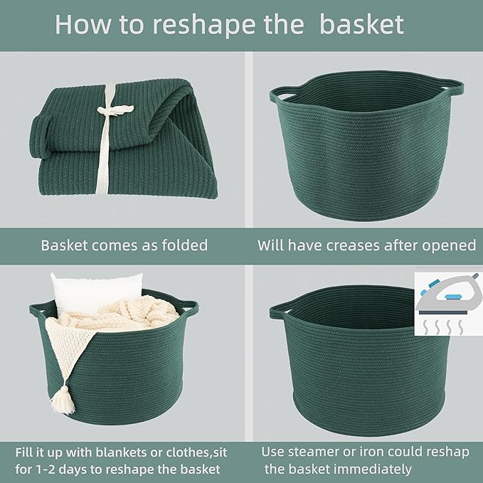 Large Cotton Rope Basket – 22"x14" Woven Storage Basket for Blankets, Toys, Laundry, and Nursery – Round Baskets for Living Room and Kids Dark Green