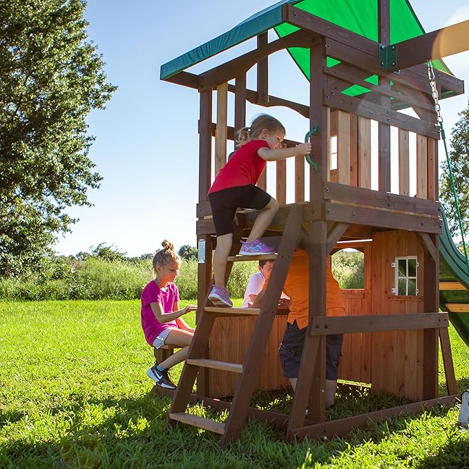 Backyard Discovery Lakewood Cedar Wood Swing Set with Wave Slide, Clubhouse, Playhouse, Snack Bar Window, Picnic Area, Belt Swings, Trapeze, Full Front Door, Windows, Step Ladder, Outdoor Playset