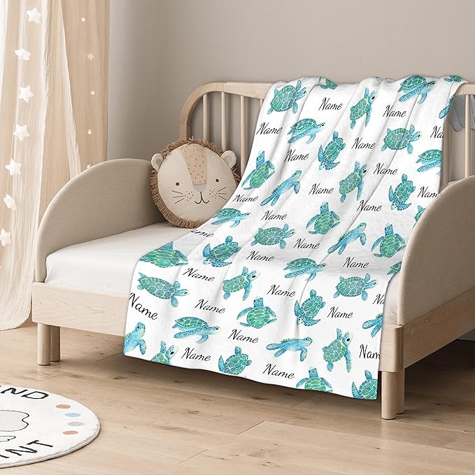 Personalized Baby Blanket for Girls Boys Turtle Custom Baby Blanket with Name Swaddle Blanket for Toddlers Infants Kids Shower Newborns Nursery Stroller Crib Decor Throw Birthday Gift