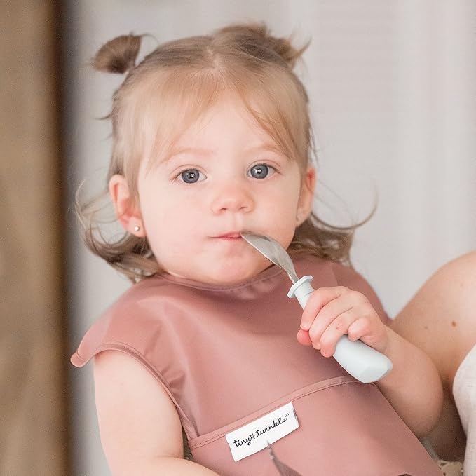 Tiny Twinkle Mess Proof Baby Bibs for Eating – Waterproof, Wipeable Toddler Bibs with Pocket – Baby Food Bibs for Girls & Boys(3 Pack,Taupe, Rose)