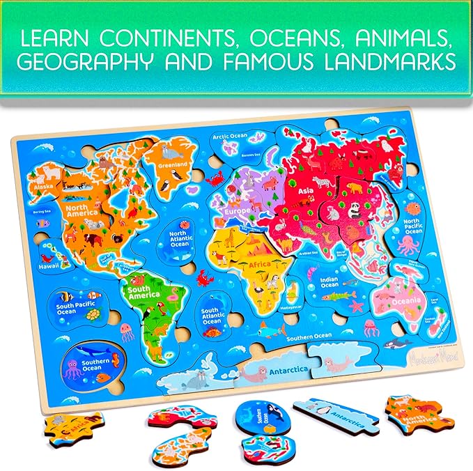 Montessori Mama Wooden Puzzles for Kids Ages 4-6, USA States and Capitols, World Continents and Oceans, Combo Set 2 Toddler Puzzles