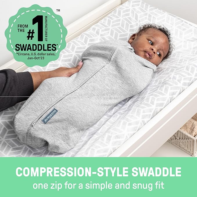 SwaddleMe by Ingenuity Compression Baby Swaddle Pod, Two-Way Zipper for Easy Diaper Changes, Improves Sleep & Calms Startle Reflex, 0-2 Months, 1.0 TOG, 2-Pack - Little Bees