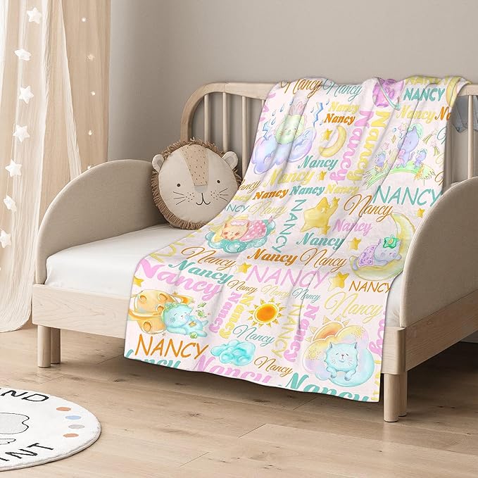 Personalized Baby Blanket for Girls Boys Cat Custom Baby Blanket with Name Swaddle Blanket for Toddlers Infants Kids Shower Newborns Nursery Stroller Crib Decor Throw Birthday Gift